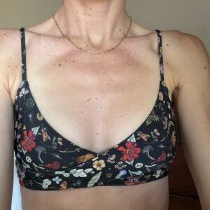 Black wrap bikini top with floral pattern, size small